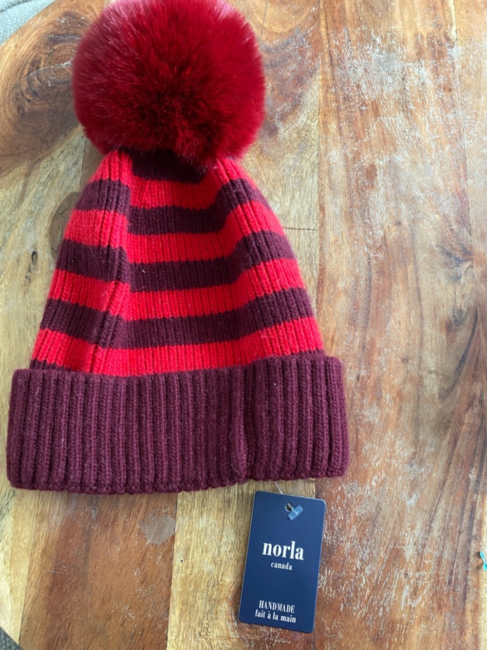 Red burgundy stripe ribbed beanie toque pompom NORLA CANADA alpaca wool
